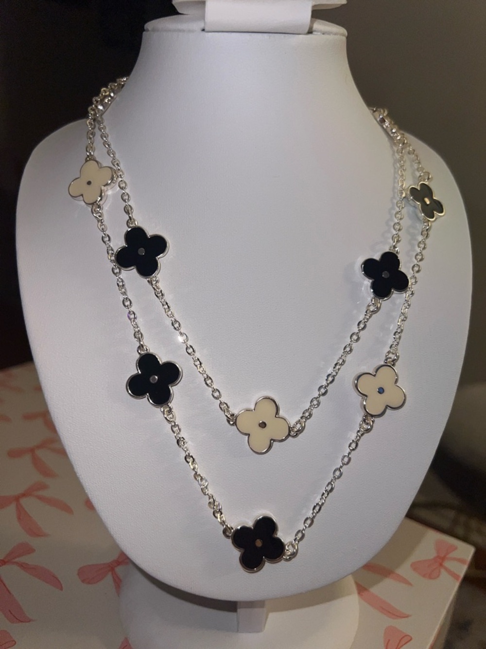 Silver Floral Link Necklace in Black and Cream